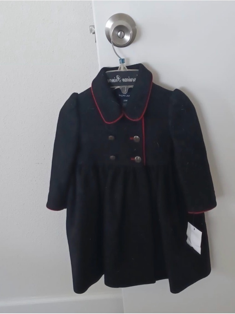 Ralph Lauren Black Girls' Double-Breasted Pea Coat with Red Trim